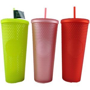 Lot of 3 Starbucks Studded Tumblers 24 Ounces Pink Red Glow In The Dark Neon